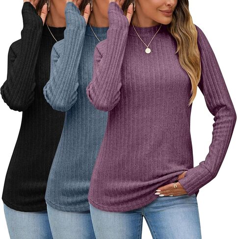 3 Pack Women's Sweater Long Sleeve Shirts Mock Turtleneck Tunic Tops Thumbhole Ribbed Curved Hem Loose Fall Clothes in Saudi Arabia