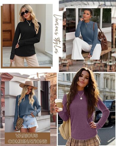 3 Pack Women's Sweater Long Sleeve Shirts Mock Turtleneck Tunic Tops Thumbhole Ribbed Curved Hem Loose Fall Clothes in Saudi Arabia