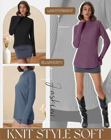 3 Pack Women's Sweater Long Sleeve Shirts Mock Turtleneck Tunic Tops Thumbhole Ribbed Curved Hem Loose Fall Clothes in Saudi Arabia