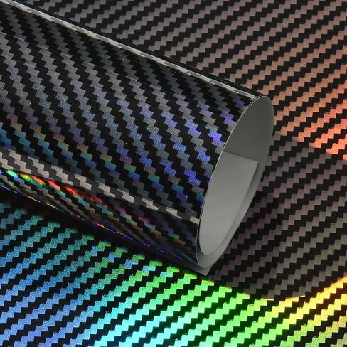 Rainbow Laser Carbon Fiber Vinyl Wrap, High Gloss Sparking Color Change Vehicle Film Sheet Air Release Self Adhesive DIY Decal Auto Cars Motorcycle Protection 60'' x 11.8'' (5ft x 1ft) in Kuwait