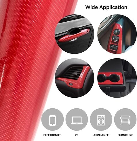 Carbon Fiber Vinyl Wrap for Cars, 6D High Gloss Car Wrap Vinyl Roll with Air Release, PVC Self Adhesive Auto Sticker Decal Interior Exterior(Red, 1ft x 10ft) in Saudi Arabia