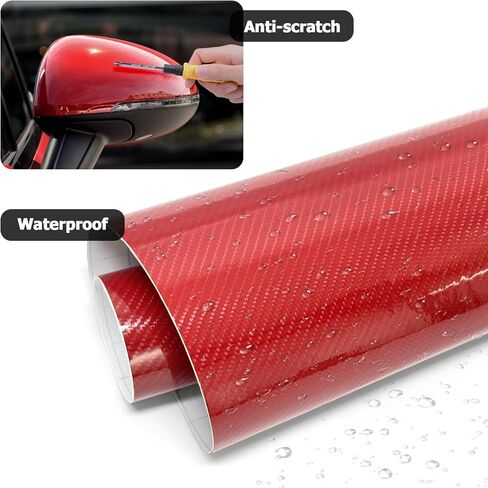 Carbon Fiber Vinyl Wrap for Cars, 6D High Gloss Car Wrap Vinyl Roll with Air Release, PVC Self Adhesive Auto Sticker Decal Interior Exterior(Red, 1ft x 10ft) in Saudi Arabia