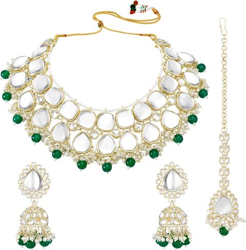 Aheli Gold Plated Dark Green Kundan Studded Ethnic Choker Necklace Jhumka Earrings Maangtikka Set Traditional Fancy Jewellery Gift for Women in Saudi Arabia