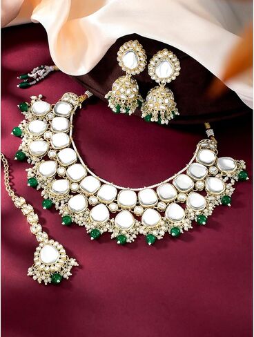 Aheli Gold Plated Dark Green Kundan Studded Ethnic Choker Necklace Jhumka Earrings Maangtikka Set Traditional Fancy Jewellery Gift for Women in Saudi Arabia