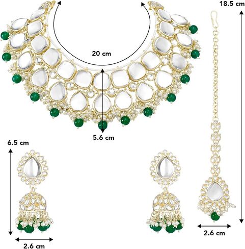 Aheli Gold Plated Dark Green Kundan Studded Ethnic Choker Necklace Jhumka Earrings Maangtikka Set Traditional Fancy Jewellery Gift for Women in Saudi Arabia