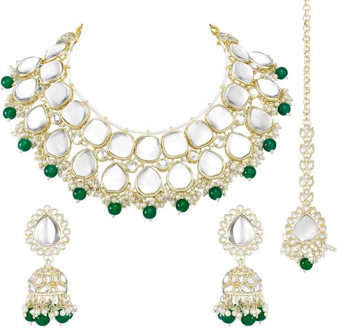Aheli Gold Plated Dark Green Kundan Studded Ethnic Choker Necklace Jhumka Earrings Maangtikka Set Traditional Fancy Jewellery Gift for Women in Saudi Arabia