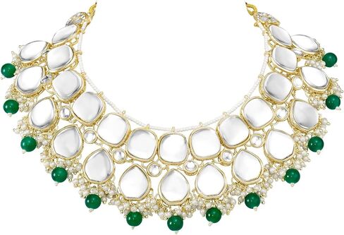 Aheli Gold Plated Dark Green Kundan Studded Ethnic Choker Necklace Jhumka Earrings Maangtikka Set Traditional Fancy Jewellery Gift for Women in Saudi Arabia
