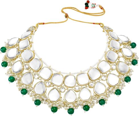 Aheli Gold Plated Dark Green Kundan Studded Ethnic Choker Necklace Jhumka Earrings Maangtikka Set Traditional Fancy Jewellery Gift for Women in Saudi Arabia