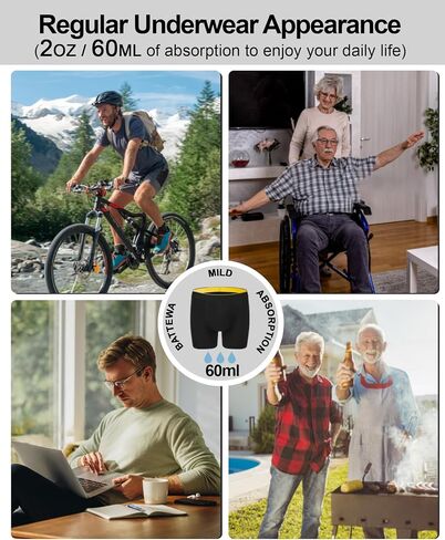 Battewa Leak Proof Underwear for Men Reusable Bladder Leakage Incontinence Boxer Briefs Odor Control 60ml Discreet Protection 3-Pack (Black X-Large) in Saudi Arabia