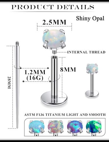 16G F136 Titanium Lip Rings Labret Jewelry Internally Threaded Monroe Lip Ring Medusa Snake Bite Piercing Jewelry Conch Tragus Forward Helix Cartilage Earring Studs Piercing Jewelry Opal in Kuwait