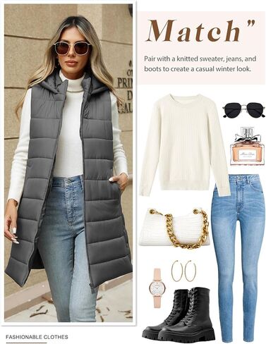 HEEKPEK Puffer Vest Women Long Hooded Sleeveless Zip Up Quilted Vests Outerwear Lightweight Puffy Jacket Fall Winter Coat in Kuwait
