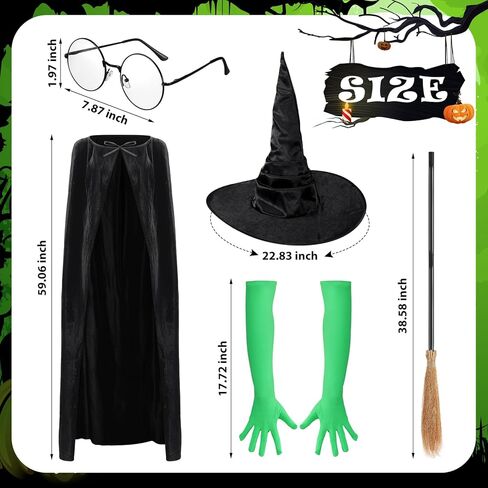 mepase 5 قطع هالوين الأخضر الساحرة زي الملحقات تشمل عباءة سوداء الرأس قبعة الساحرة نظارات وقفازات مكنسة للنساء الكبار هالوين فيلم تأثيري الدعائم دور اللعب حزب ملابس الدعائم in Kuwait
