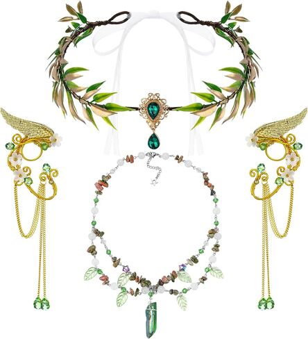 Tondiamo 3 Pcs Woodland Ren Faire Accessories Fairy Flower Leaf Crowns Renaissance Necklace Elf Ear Cuffs for Women Renaissance Costume Fairy Party Cosplay Green in Saudi Arabia