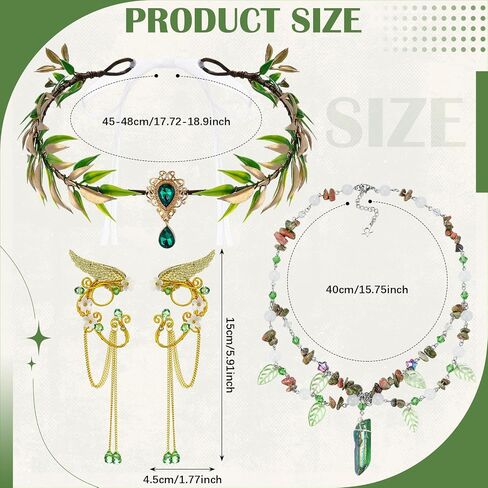 Tondiamo 3 Pcs Woodland Ren Faire Accessories Fairy Flower Leaf Crowns Renaissance Necklace Elf Ear Cuffs for Women Renaissance Costume Fairy Party Cosplay Green in Saudi Arabia
