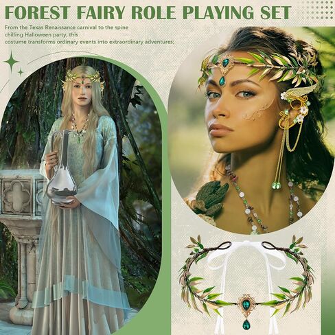 Tondiamo 3 Pcs Woodland Ren Faire Accessories Fairy Flower Leaf Crowns Renaissance Necklace Elf Ear Cuffs for Women Renaissance Costume Fairy Party Cosplay Green in Saudi Arabia
