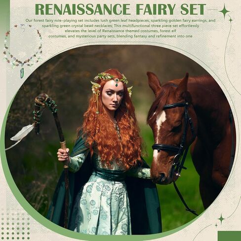 Tondiamo 3 Pcs Woodland Ren Faire Accessories Fairy Flower Leaf Crowns Renaissance Necklace Elf Ear Cuffs for Women Renaissance Costume Fairy Party Cosplay Green in Saudi Arabia