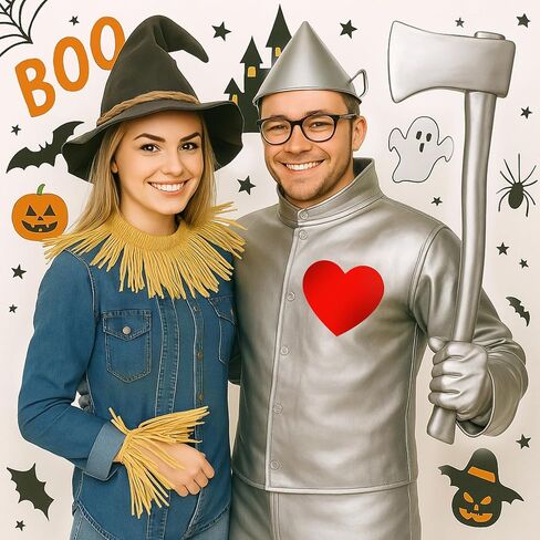 Mepase 10 أجهزة كمبيوتر شخصى هالوين فزاعة زوجين زي مجموعة الفضة قمع قبعة قفازات الفأس الفزاعة قبعة الرقبة المعصم الساق العلاقات مع ملصق القلب الأحمر للبالغين المعالج تأثيري التبعي in Kuwait