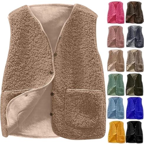 Women Fleece Vest Coats Sleeveless Button Lightweight Comfy Outerwear Sherpa Jackets with Pockets in Saudi Arabia