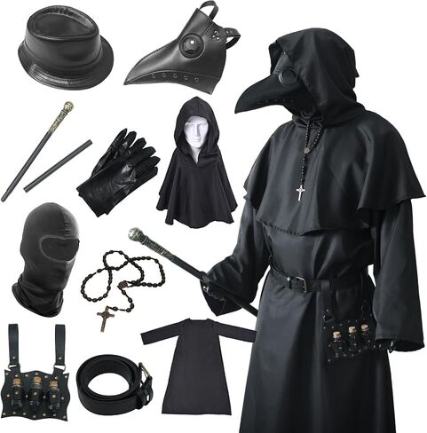 Adult Plague Doctor Costume Set - Complete Halloween Costume With Realistic Plague Doctor Mask, Full-length Cloak, and Scepter - Perfect for Halloween Parties, Role-playing(10 piece set) in Saudi Arabia