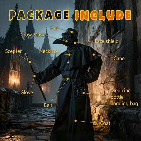 Adult Plague Doctor Costume Set - Complete Halloween Costume With Realistic Plague Doctor Mask, Full-length Cloak, and Scepter - Perfect for Halloween Parties, Role-playing(10 piece set) in Saudi Arabia
