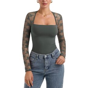 PINKMSTYLE Women Sexy Square Neck Lace Long Sleeve Tops Slim Fit Double Lined Trendy Y2K Going Out Fall Shirts in Kuwait