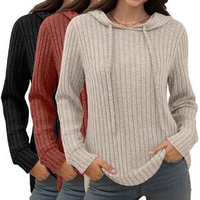 Huukeay 3 Pack Hoodies for Women Lightweight Sweaters Long Sleeve Top Ribbed Knit Hooded Workout Sweatshirts Pullover in Saudi Arabia