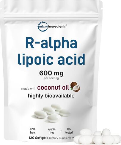 R Alpha Lipoic Acid 600mg with Coconut Oil, 120 Softgels | Highly Bioavailable Active Form | ALA Supplement for Antioxidants, Nerve, Heart, & Liver Support | Non-GMO, Gluten Free, No Soy in Saudi Arabia