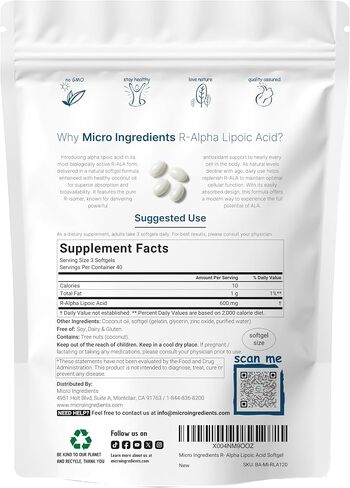 R Alpha Lipoic Acid 600mg with Coconut Oil, 120 Softgels | Highly Bioavailable Active Form | ALA Supplement for Antioxidants, Nerve, Heart, & Liver Support | Non-GMO, Gluten Free, No Soy in Saudi Arabia