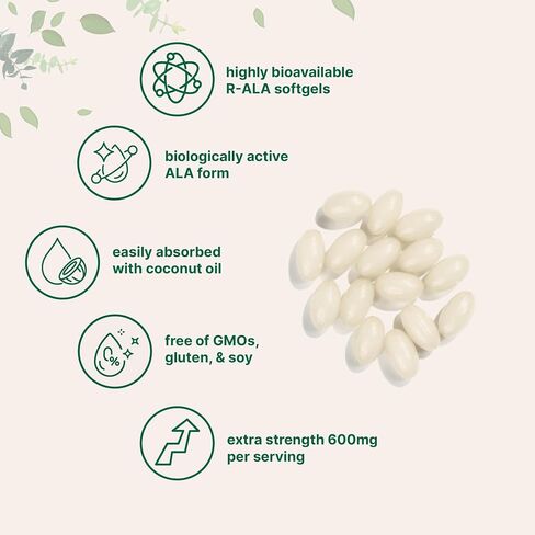 R Alpha Lipoic Acid 600mg with Coconut Oil, 120 Softgels | Highly Bioavailable Active Form | ALA Supplement for Antioxidants, Nerve, Heart, & Liver Support | Non-GMO, Gluten Free, No Soy in Saudi Arabia