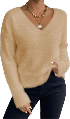 Verdusa Women's Fuzzy Sweater Off The Shoulder V Neck Drop Shoulder Long Sleeve Pullover Sweaters in Kuwait