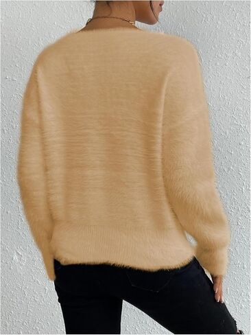 Verdusa Women's Fuzzy Sweater Off The Shoulder V Neck Drop Shoulder Long Sleeve Pullover Sweaters in Kuwait