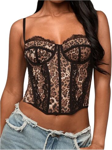 Verdusa Women's Y2K Lace Leopard Print Crop Corset Tops Rave Club Going Out Camisole Tops in Saudi Arabia