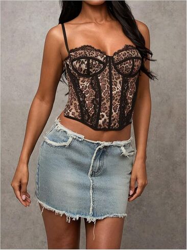 Verdusa Women's Y2K Lace Leopard Print Crop Corset Tops Rave Club Going Out Camisole Tops in Saudi Arabia