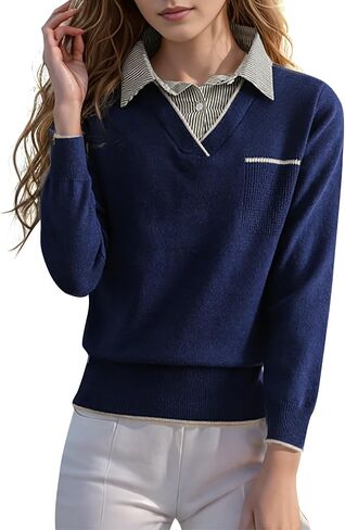 LAI MENG FIVE CATS Women's Fall Contrast Shirt Collar Casual Patchwork Long Sleeve Loose Pullover Blouse Tops in Saudi Arabia