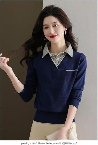 LAI MENG FIVE CATS Women's Fall Contrast Shirt Collar Casual Patchwork Long Sleeve Loose Pullover Blouse Tops in Saudi Arabia