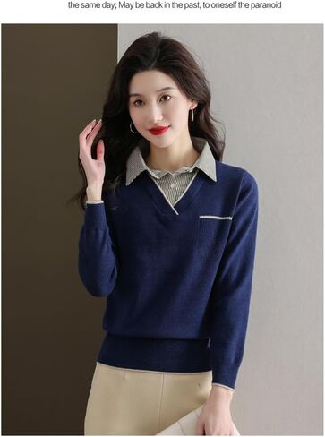 LAI MENG FIVE CATS Women's Fall Contrast Shirt Collar Casual Patchwork Long Sleeve Loose Pullover Blouse Tops in Saudi Arabia