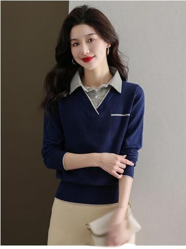 LAI MENG FIVE CATS Women's Fall Contrast Shirt Collar Casual Patchwork Long Sleeve Loose Pullover Blouse Tops in Saudi Arabia