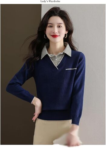 LAI MENG FIVE CATS Women's Fall Contrast Shirt Collar Casual Patchwork Long Sleeve Loose Pullover Blouse Tops in Saudi Arabia