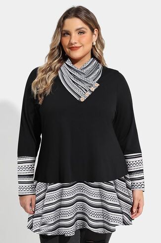 TIYOMI Plus Size Tunic For Women Long Sleeve Cowl Neck Turtle Neck Plain Solid Tops Flowy Hem Loose Fall Autumn Winter in Saudi Arabia