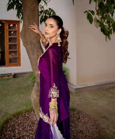 Women's Chinon Silk Sequence Embroidery Work Straight Kurti With Sharara Suit and Dupatta Set in Saudi Arabia