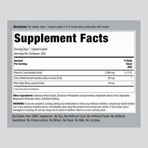 Piping Rock Vitamin C 1000mg | 250 Caplets | with Bioflavonoids & Rose Hips | Vegetarian, Non-GMO, Gluten Free Supplement in Saudi Arabia