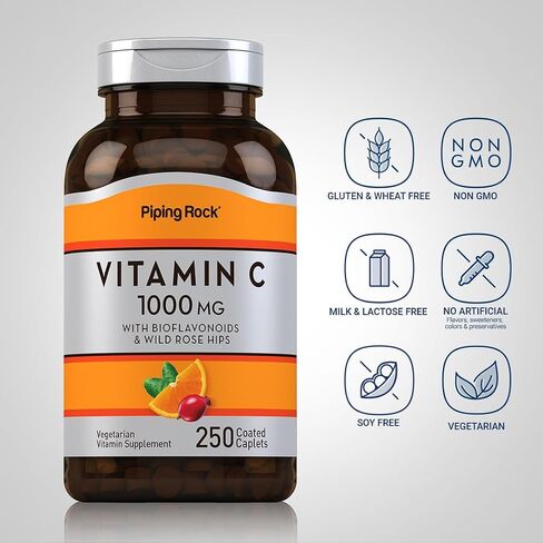Piping Rock Vitamin C 1000mg | 250 Caplets | with Bioflavonoids & Rose Hips | Vegetarian, Non-GMO, Gluten Free Supplement in Saudi Arabia
