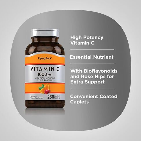 Piping Rock Vitamin C 1000mg | 250 Caplets | with Bioflavonoids & Rose Hips | Vegetarian, Non-GMO, Gluten Free Supplement in Saudi Arabia