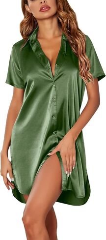 Ekouaer Satin Nightshirt for Women Button Down Nightgown Silk Short Sleeve Sleepshirt Notch Collar Sleepwear S-3XL in Saudi Arabia