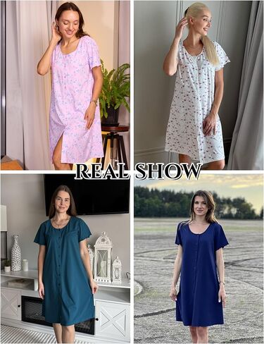Ekouaer Womens' Cotton Nightgown Ladies Short Sleeve Sleepshirt V Neck Button Down Night Gowns Casual House Dress in Saudi Arabia