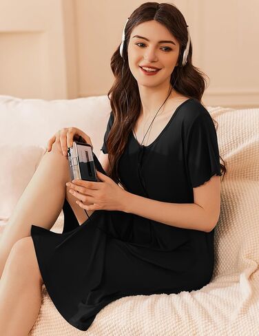 Ekouaer Womens' Cotton Nightgown Ladies Short Sleeve Sleepshirt V Neck Button Down Night Gowns Casual House Dress in Saudi Arabia