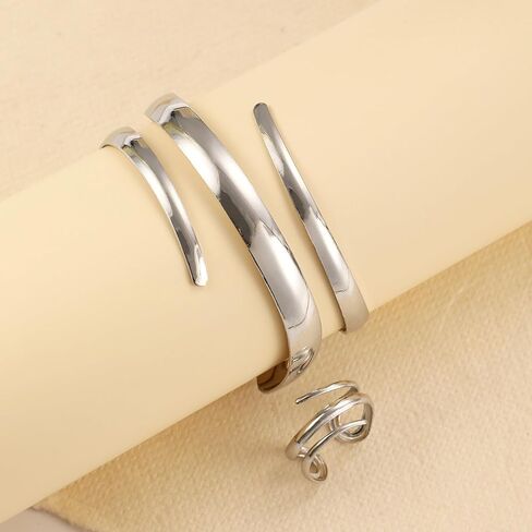 Gold Cuff Bracelets and Rings Set for Women Silver Intertwined Metal Ring and Bracelet Set Fashionable Delicate Jewelry in Kuwait