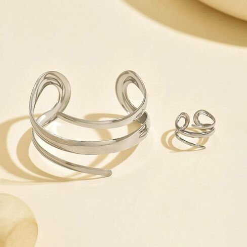 Gold Cuff Bracelets and Rings Set for Women Silver Intertwined Metal Ring and Bracelet Set Fashionable Delicate Jewelry in Kuwait