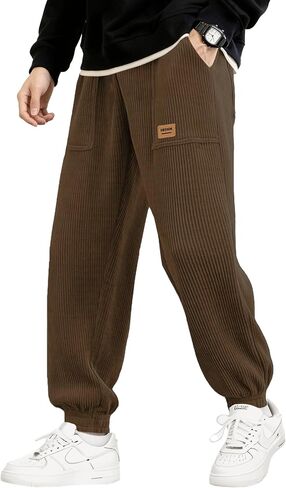 PLEPAN Mens Corduroy Pants Casual Joggers Drawstring Elastic Waist Tapered Sweatpants with Pockets in Kuwait