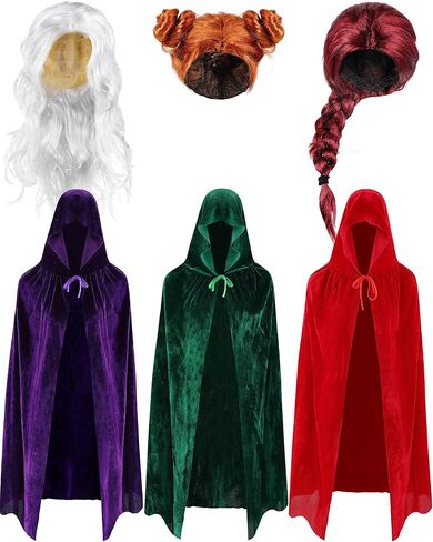 6 Pcs Halloween Witch Costumes Cosplay Hooded Cloak Cape and Wigs Sisters Halloween Family Team Costumes in Saudi Arabia